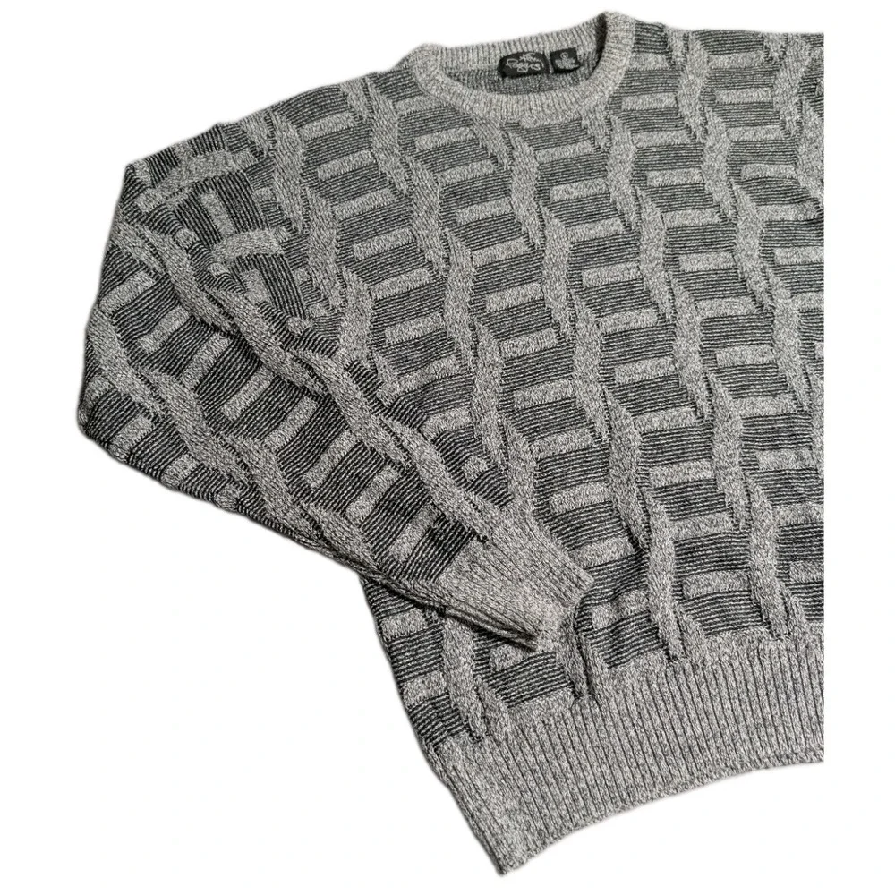 Kenny Rogers Sweater Mens L Gray Cable Knit Geometric Crewneck Pullover Textured